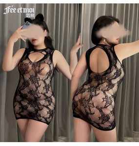 FEE ET MOI - Backless Fishnet Floral Hip-hugging Bodystocking (Plus Size - Black)